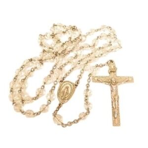 Vintage Catholic Rosary Bead Faceted Clear‎ Crystal Silver Toned Necklace